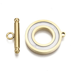 White 201 Stainless Steel Toggle Clasps, with Enamel, Ring, Real 18K Gold Plated, White, Ring: 22x20x2mm, Hole: 1.5mm, Bar: 21x7x3mm, Hole: 2mm