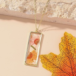 Сэнди Коричневый Прямоугольник с внутренним цветком из смолы подвеска железный трос цепочка ожерелье для женщин, золотые, песчаный коричневый, 17.72 дюйм (45 см)