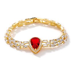 Красный Браслеты-цепочки из латуни с кубическими циркониями, браслеты для часов для женщин, слеза, красные, внутренний диаметр: 7-1/8 дюйм (18 см)