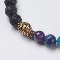 Lava Rock Chakra Jewelry, Natural Lava Rock and Mixed Stone Buddha Stretch Bracelets, with Alloy Findings, Buddha Head, 2-1/8 inch(54mm), Pendant: 40x10mm
