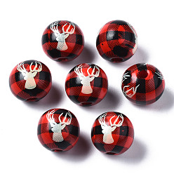 Red Painted Natural Wood European Beads, Large Hole Beads, Printed, Christmas, Round with Reindeer, Red, 16x15mm, Hole: 4mm