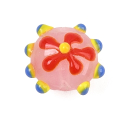 Pink Ручной работы ухабистым Шарики Lampwork, RONDELLE с цветочным узором, розовые, 15.5x17.5x13 мм, отверстие : 1.6 мм