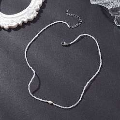 Синий Кружевый Агат 2мм ожерелья из граненых круглых бусин из натурального голубого кружевного агата, с бусинами из натурального культивированного пресноводного жемчуга и 304 застежками-карабинами из нержавеющей стали., цвет нержавеющей стали, 15.51~15.67 дюйм (39.4~39.8 см)