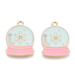 Pale Turquoise Christmas Theme, Alloy Enamel Pendants, with Rhinestones, Light Gold, Crystal Ball, Pale Turquoise, 22.5x16.5x2mm, Hole: 1.8~2mm