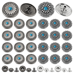 (52) Непрозрачная лаванда 20 наборы 2 цвета латунная кнопка, с крышкой из сплава и пластиковой имитацией бирюзового цвета, хлопчатобумажная одежда покрывает пряжку, плоские круглые с цветком, разноцветные, 20x9 мм, 10 наборы / цвет