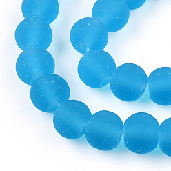 Deep Sky Blue Transparent Glass Beads Strands, Frosted, Round, Deep Sky Blue, 6~6.5mm, Hole: 1.4mm, about 67~70pcs/strand, 14.76 inch~15.16 inch(37.5~38.5cm)