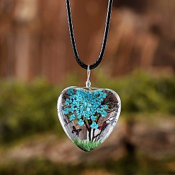 Темно-бирюзовый Подвеска в форме сердца из стекла с сушеным цветком и деревом внутри, ожерелья из черного вощеного шнура, темные бирюзовый, 17.32 дюйм (44 см)