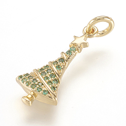 Настоящее золото 18K Латунные микро проложить кубического циркония подвески, рождественские елки со звездой, реальный 18 k позолоченный, 20x9x3 мм, отверстие : 3 мм