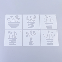 White Plastic Drawing Stencil for Kids Teen Boys Girls, Reusable Drawing Template for DIY Scrapbooking, Journal, School Projects, FlowerPot Theme, White, 130x130x0.3mm, 6pcs/set