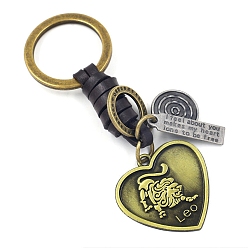 Leo Heart with Constellations Antique Bronze Alloy Keychains, with Leather Cords, Leo, 10cm