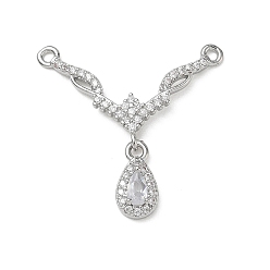 Platin Farbe Messing Micro Pave klare Zirkonia Kronleuchter Komponente Links, verdrehte V-Form mit Tropfen, Platin Farbe, 26x27.5x3.5 mm, Bohrung: 1.4 mm