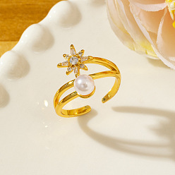 Golden Brass Micro Pave Cubic Zirconia Cuff Open Rings for Women, Star, with Imitation Pearl, Golden, US Size 4 1/4(15~20mm)