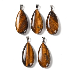 Tiger Eye Natural Tiger Eye Pendants, with 304 Stainless Steel Snap on Bails, Teardrop Charm, 44x20x9mm, Hole: 7x4mm