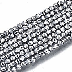Platinum Plated Electroplate Non-magnetic Synthetic Hematite Beads Strands, Round, Faceted, Platinum Plated, 2.5x2mm, Hole: 0.8mm, about 186~197pcs/strand, 14.96 inch~15.75 inch(38cm~40cm)