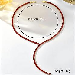 Red Simple Brass Pave Cubic Zirconia Geometric Tennis Y-shaped Necklaces for Women, Golden, Red, 17.13 inch(43.5cm)