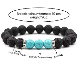 Synthetic Turquoise 8MM Round Synthetic Turquoise and Natural Lava Rock Beaded Stretch Bracelets for Couples, 7.48 inch(19cm)
