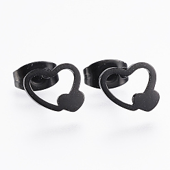 Gunmetal 304 Stainless Steel Stud Earrings, Heart, Gunmetal, 7x8.5x1mm, Pin: 0.8mm