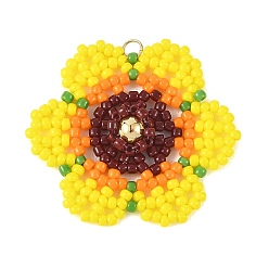 Yellow Glass Seed Bead Pendants, Sunflower Charm, with 304 Stainless Steel Open Jump Rings, Yellow, 33x38x5.5mm, Hole: 3mm