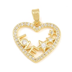 Oro Latón micro pavimenta claro colgantes de circonio cúbico, corazón con amuletos de amor de la palabra, dorado, 15.5x17x2 mm, agujero: 5x3 mm