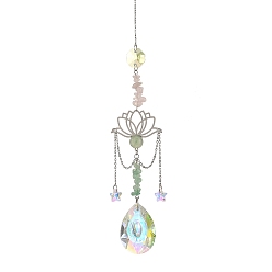 Color de Acero Inoxidable 304 Atrapasueños de acero inoxidable con forma de loto y lágrima de cristal, con virutas de cuarzo rosa natural y aventurina verde., Prisma colgante para ventana para decoración del hogar y el jardín., color acero inoxidable, 305 mm