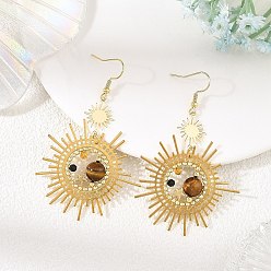 Chocolate Brass Glass Dangle Earrings, Sun, 304 Stainless Steel Dangle Earrings for Women, Golden, Chocolate, 71x44.5mm