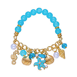 Deep Sky Blue Ocean Alloy Enamel Starfish Shell Shape Multi Charm Round Plastic Beaded Stretch Bracelets for Women, Golden, Deep Sky Blue, 7.09 inch(18cm)