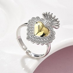 Настоящее золото 18K Открытая манжета из латуни с микропаве и кубическим цирконием для женщин, сердце, стойки покрытие, долговечный, без свинца и без кадмия, реальный 18 k позолоченный, Сердце: 23x16 mm, внутренний диаметр: регулируемый