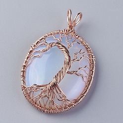 Opalite Opalite Big Pendants, with Rose Gold Tone Brass Findings, Oval with Tree of Life, 56~58.5x35~36x12~13.8mm, Hole: 4.2~5.2x4.6~6mm