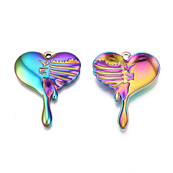 Rainbow Color Ion Plating(IP) 201 Stainless Steel Pendants, Melting Heart, Rainbow Color, 30x24.5x3mm, Hole: 1.6mm