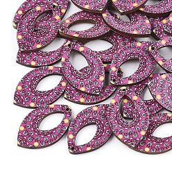 Hot Pink Printed Basswood Pendants, Back Random Color, Horse Eye, Hot Pink, 34.5x21.5x3mm, Hole: 1.5mm