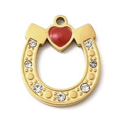 Настоящее золото 18K 304 нержавеющей стальной эмали подвески, со стразами, ионное покрытие (ip), подвески в виде подковы, реальный 18 k позолоченный, 17.5x15x2.5 мм, отверстие : 1.5 мм