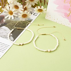 Белый Регулируемые браслеты из плетеных бусин из нейлоновой нити, граненые стеклянные бусины рондель, латунной шариковой, сердце, белые, внутренний диаметр: 2-1/2 дюйм (6.5~11.2 см), 2 шт / комплект