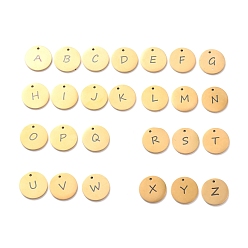 Letter A~Z Вакуумное покрытие pvd 304 подвески из нержавеющей стали, лазерная резка, плоский круглый с черной буквой, золотые, Письмо ~ Z, 15x1 мм, отверстие : 1.2 мм, 26 шт / комплект