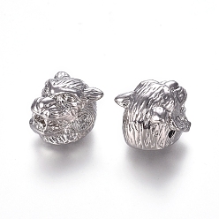 Real Platinum Plated Brass Beads, Tiger, Real Platinum Plated, 12x15x15.5mm, Hole: 1.6mm