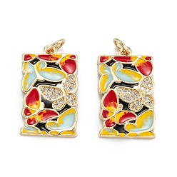 Настоящее золото 18K Латунные микропаве прозрачные подвески с фианитом, с эмалью и кольцами для прыжков, Прямоугольник с бабочкой, реальный 18 k позолоченный, 22.5x13x2 мм, отверстие : 4 мм