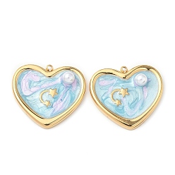 Светло-Голубой 304 подвески из нержавеющей стали, Сердце звездочкой, с эмалью и абс пластика имитация жемчуга, реальный 18 k позолоченный, Небесно-голубой, 21.5x24x6 мм, отверстие : 1.4 мм