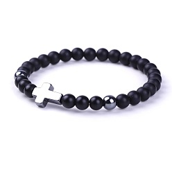 Черный Камень Эластичные браслеты из натурального матового черного камня и синтетических немагнитных гематитовых бусин для женщин и мужчин., круглый и крест, 7.09 дюйм (18 см)