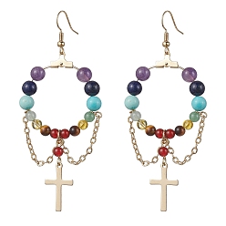 Golden Chakra Theme Natural & Synthetic Mixed Beaded Dangle Earrings, Brass Cross Long Drop Earrings, Golden, 82x34mm