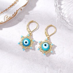 Темно-Голубой Звезда Давида и сглаза стеклянные бусины ручной работы серьги с застежкой-молнией, с Lampwork, золотые, глубокое синее небо, 34x15.5 мм