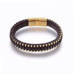 Кокосово-Коричневый Кожаные браслеты плетеного шнура, 304 магнитная застежка из нержавеющей стали, прямоугольные, золотые, кокосового коричневый, 8-5/8 дюйм (22 см), 11x6 мм