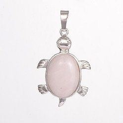 Розовый Кварц Подвески из натуральной черепахи, с латунной фурнитурой , без кадмия и без свинца, платина, розовый кварц, 33.5x22x7 мм, отверстие : 5 мм