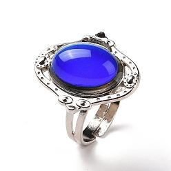 Платина Овальное кольцо настроения из стекла, изменение температуры, цвет, чувство, чувство, регулируемое кольцо из сплава для женщин, платина, внутренний диаметр: 17.3~18.5 мм