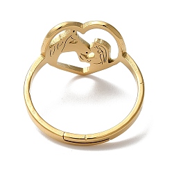 Real 18K Gold Plated Ion Plating(IP) 304 Stainless Steel Heart with Horse Adjustable Ring for Women, Real 18K Gold Plated, US Size 6(16.5mm)