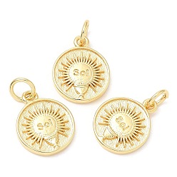 Real 18K Gold Plated Rack Plating Brass Pendants, Long-Lasting Plated, with Jump Ring, Lead Free & Cadmium Free, Flat Round with Sun Charm, Real 18K Gold Plated, 13x11x2mm, Hole: 3mm