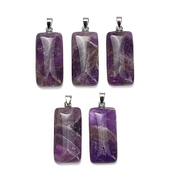 Améthyste Pendentifs en pierre améthyste naturel, charme rectangle, avec 304 mousqueton en acier inoxydable sur les balles, couleur inox, 44~45x19~20x8~9mm, Trou: 7.5x4mm