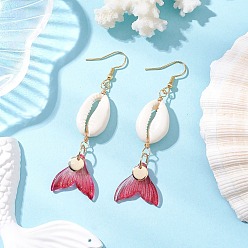 Светло-Вишневый Серьги-подвески из натурального стекла с ракушками каури, с 304 нержавеющей стали серьги крючки, рыбий хвост, золотые, светло-вишневый, 68~73x20 мм