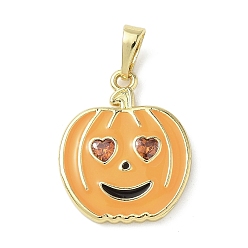 Оранжевый Подвески из латуни с микропаве из кубических цирконий, эмалевые на тему Хэллоуина, тыквенные прелести, реальный 18 k позолоченный, оранжевые, 20.5x17x2.5 мм, отверстие : 6x3 мм