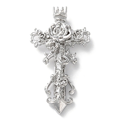 Платина Латунные подвески, крест с цветочными подвесками, стойки покрытие, долговечный, без свинца и без кадмия, платина, 41.5x22x4.5 мм, отверстие : 2.5x1.5 мм