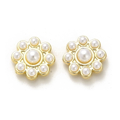 Real 18K Gold Plated Rack Plating Brass Flower Multi-strand Links, with Plastic Pearl, Long-Lasting Plated, Lead Free & Cadmium Free, Real 18K Gold Plated, 15x7.5mm, Hole: 1.5mm