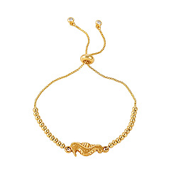 Golden Adjustable Ocean 304 Stainless Steel Sea Horse Link Round Beaded Slider Bracelets for Women, Golden, 11.81 inch(30cm)
